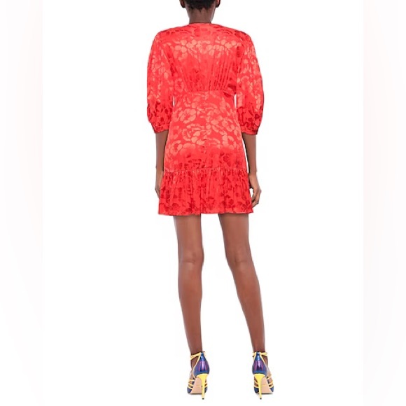 Sandro Azelie Red Floral Jacquard Silk Blend Dress Cropped Puff Sleeves V-Neck 0 - Picture 6 of 12